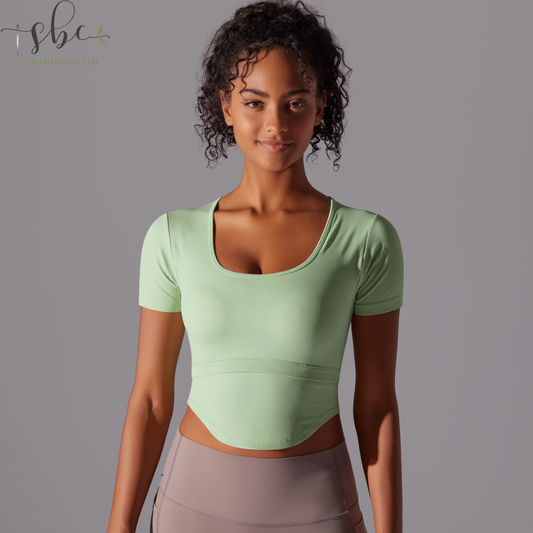 SB6631-European and American seamless solid color threaded bellyband round neck  T-shirt for women