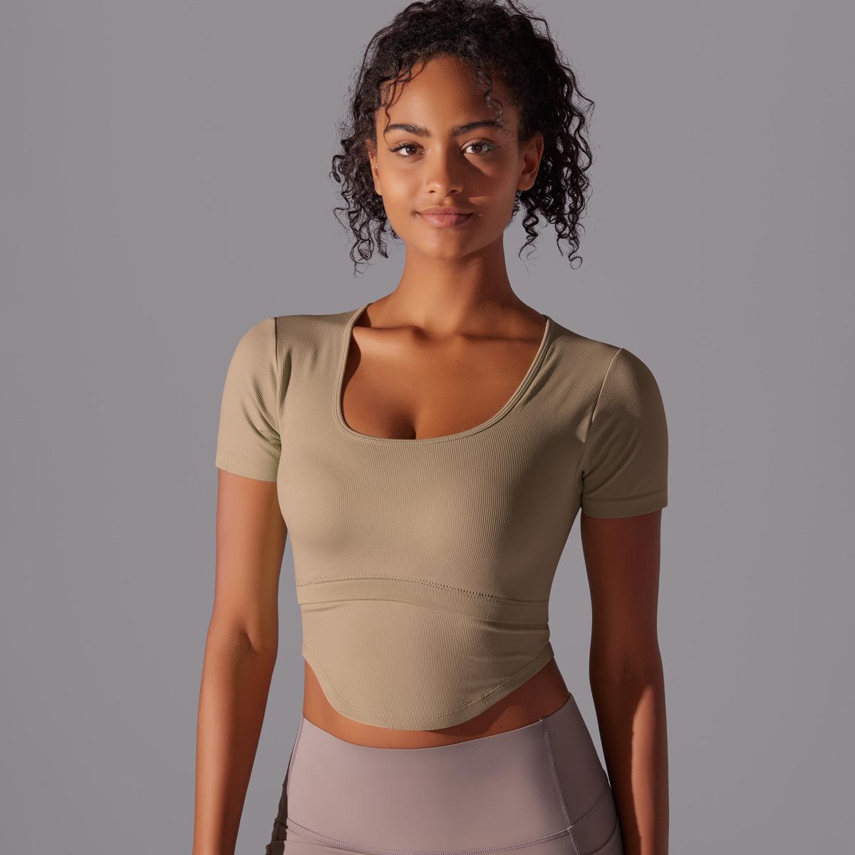 SB6631-European and American seamless solid color threaded bellyband round neck  T-shirt for women