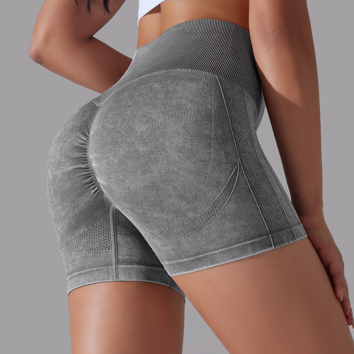 SB6635- Seamless knitted washed sand washed peach high waist crescent yoga shorts for women